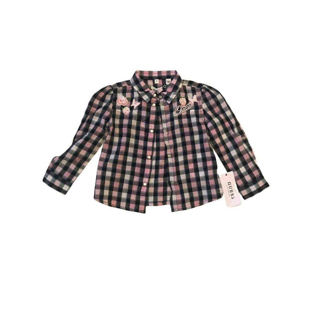 Guess Girls Pink & Black Plaid Long Sleeve Shirt Size 2 Brand New